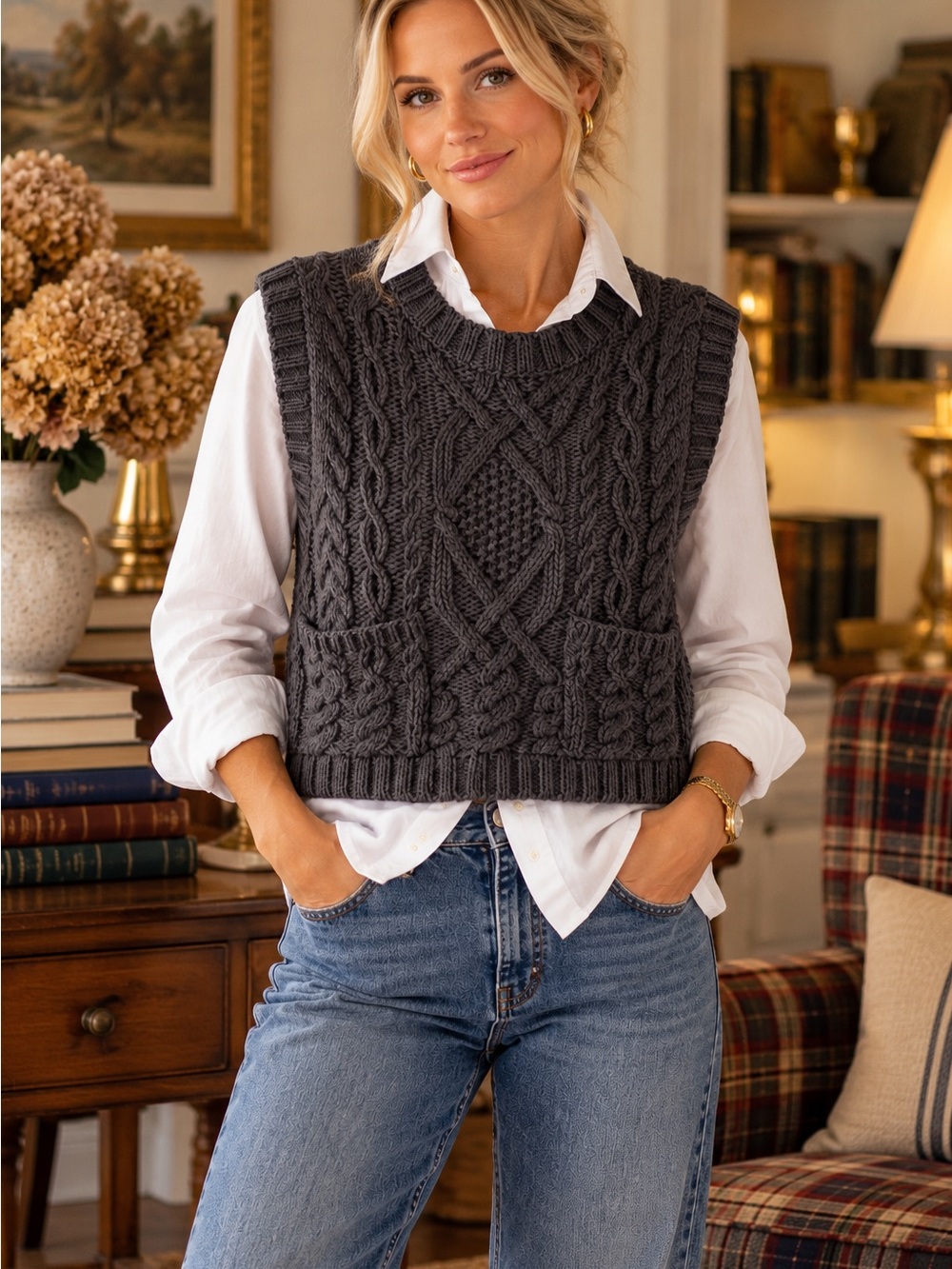 ZARA Charcoal Cable Knit Sweater Vest Size Small | Wool Blend